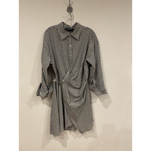 En Saison JJ Shirt Dress Womens Large Gray White Striped Wrap Tie Waist Collared - Picture 2 of 4
